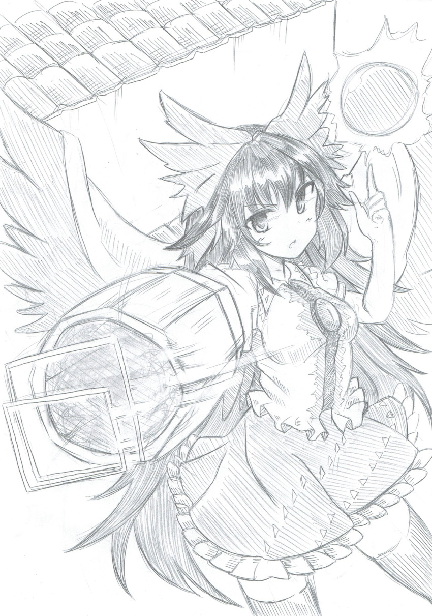 1girl aiming aiming_at_viewer arm_cannon arm_up bangs bird_wings blouse blush bow breasts buttons cape charging collar collared_blouse control_rod cowboy_shot energy_ball eyebrows_visible_through_hair frilled_blouse frilled_skirt frills graphite_(medium) greyscale hair_between_eyes hair_bow highres long_hair looking_at_viewer mahiro_(akino-suisen) monochrome open_mouth pointing pointing_up puffy_short_sleeves puffy_sleeves reiuji_utsuho short_sleeves skirt solo subterranean_animism sun thigh-highs third_eye touhou traditional_media very_long_hair weapon wings