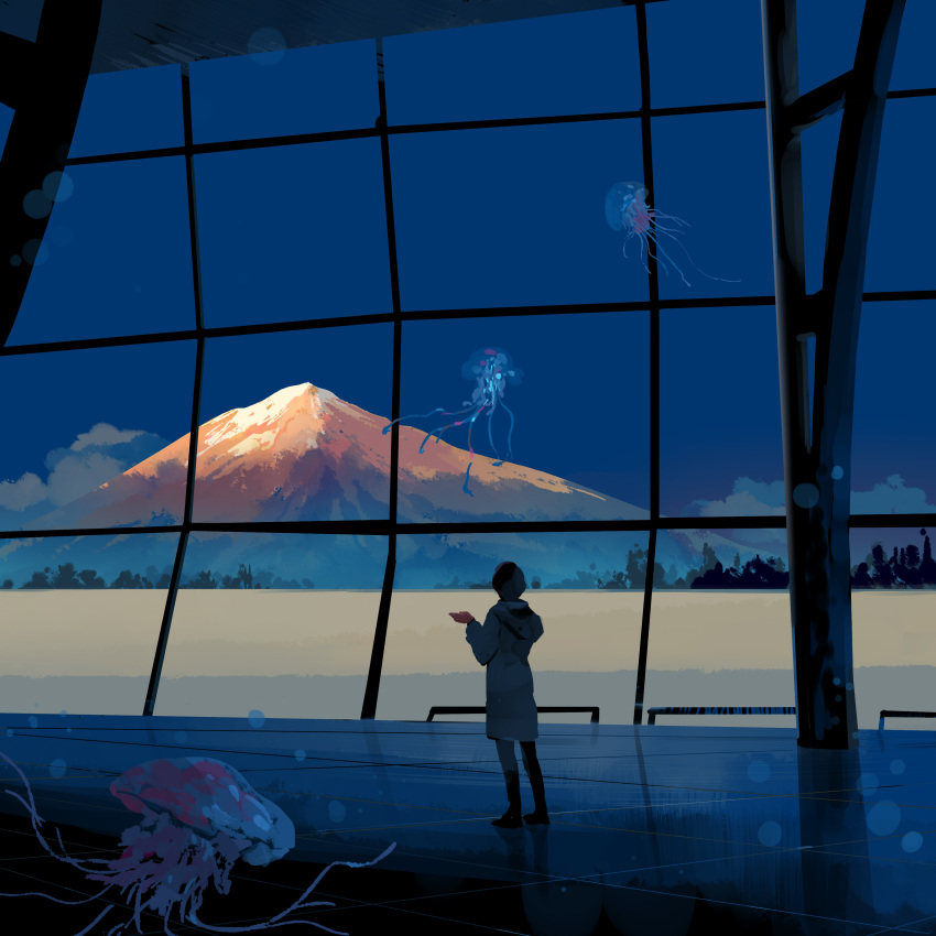 absurdres androgynous bangqiao_yan blue_sky clouds day from_behind hand_up highres hood indoors jellyfish mount_fuji original sky tree window