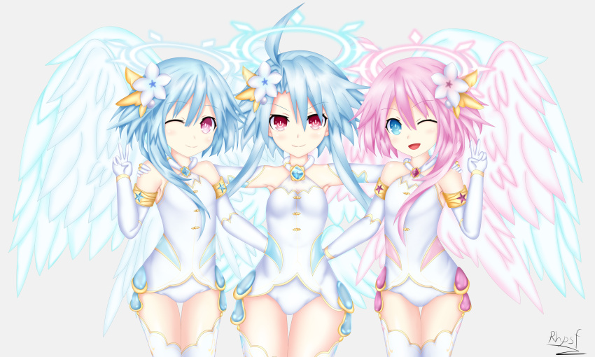3girls ;) ;d absurdres armpits bare_shoulders blue_eyes blue_hair cosplay cowboy_shot elbow_gloves feathered_wings flower four_goddesses_online:_cyber_dimension_neptune gloves hair_between_eyes hair_flower hair_ornament halo hand_on_another's_shoulder hand_up hands_on_another's_waist highres jewelry leotard multiple_girls neptune_(series) one_eye_closed open_mouth pink_eyes pink_hair power_symbol red_eyes rhapsofree short_hair short_hair_with_long_locks siblings side_ponytail simple_background sisters smile symbol-shaped_pupils thigh-highs twins v white_background white_gloves white_heart white_heart_(cosplay) white_legwear white_leotard white_sister_ram white_sister_rom white_wings wings