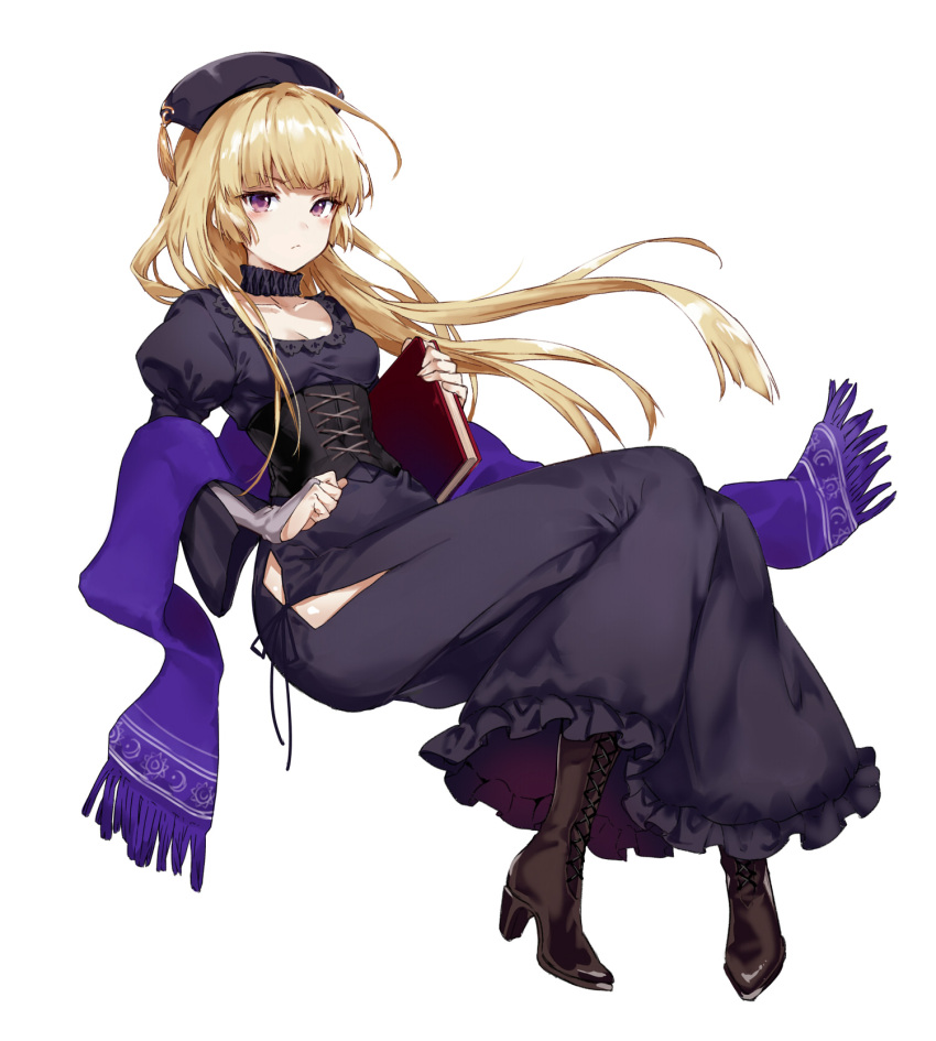 1girl arisaka_ako bangs black_dress blonde_hair blunt_bangs blush book boots breasts closed_mouth collarbone corset cross-laced_footwear dress eyebrows_visible_through_hair fringe full_body hat high_heel_boots high_heels highres holding holding_book juliet_sleeves long_hair long_sleeves looking_at_viewer original puffy_sleeves purple_scarf scarf sidelocks simple_background sitting small_breasts solo tsurime violet_eyes white_background