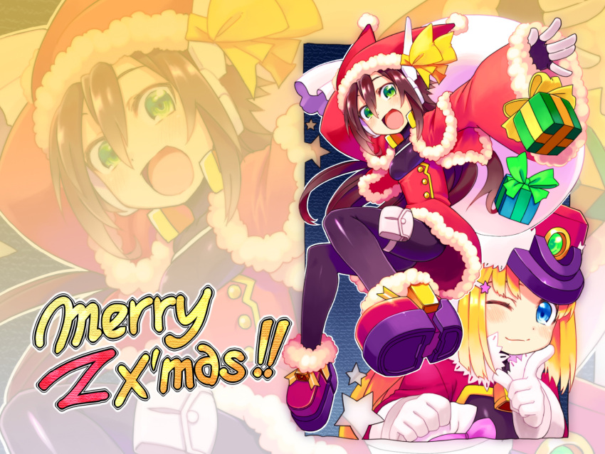 1girl 2girls aile blonde_hair blush bodystocking bodysuit breasts brown_hair christmas commentary_request gloves green_eyes highres long_hair looking_at_viewer multiple_girls prairie robot_ears rockman rockman_zx rockman_zx_advent shigehiro_(hiroi_heya) short_hair skin_tight smile solo spandex wallpaper