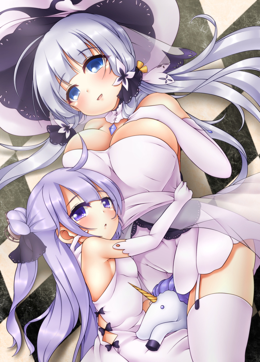 2girls :d absurdres ahoge azur_lane bangs black_bow black_ribbon blue_eyes blush bow breasts cleavage commentary_request derivative_work dress eyebrows_visible_through_hair garter_straps hair_bun hair_ornament hat highres hug illustrious_(azur_lane) large_breasts long_hair multiple_girls one_side_up oooqqq open_mouth parted_lips purple_hair ribbon side_bun silver_hair small_breasts smile strapless strapless_dress stuffed_animal stuffed_toy stuffed_unicorn thigh-highs unicorn_(azur_lane) very_long_hair violet_eyes white_dress white_hat white_legwear