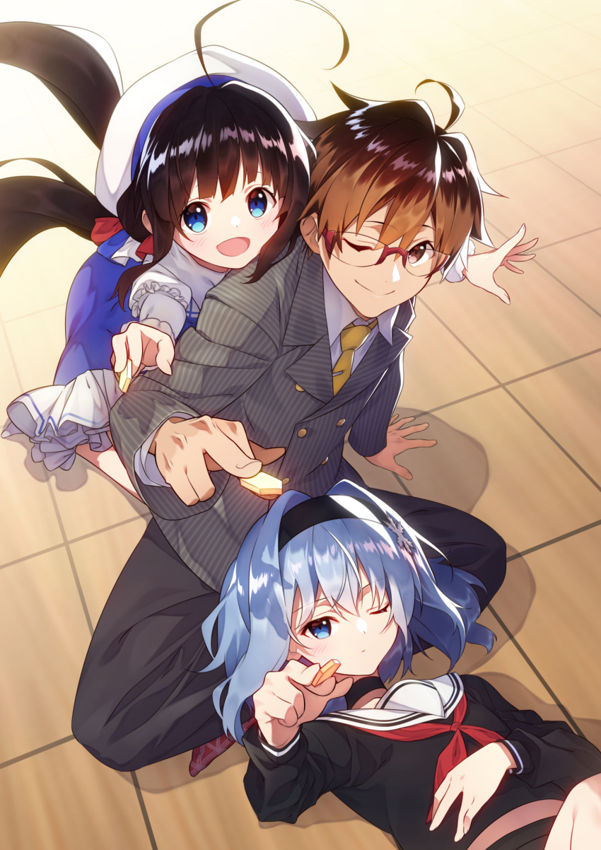 1boy 2girls :d ;) ahoge bangs beret between_fingers black_choker black_hairband black_pants black_serafuku black_shirt black_skirt blue_dress blue_eyes blue_hair blush board_game brown_hair choker closed_mouth collarbone collared_shirt commentary_request dress eyebrows_visible_through_hair fingernails formal glasses grey_jacket hair_between_eyes hair_ornament hairband hat highres hinatsuru_ai holding jacket kuzuryuu_yaichi long_hair long_sleeves low_twintails lying mido_(mimizuku-hukuro) multiple_girls necktie on_back one_eye_closed open_mouth outstretched_arms pants pinstripe_suit puffy_short_sleeves puffy_sleeves red-framed_eyewear red_eyes ryuuou_no_oshigoto! school_uniform serafuku shirt short_over_long_sleeves short_sleeves shougi sitting skirt smile snowflake_hair_ornament sora_ginko striped suit tie_clip twintails vertical-striped_jacket vertical_stripes very_long_hair white_hat white_shirt yellow_neckwear