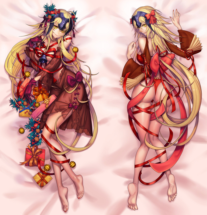 1girl ass barefoot bed_sheet bell blonde_hair bow breasts brown_skirt dakimakura detached_sleeves fate/grand_order fate_(series) from_above full_body gloves hair_bow highres jeanne_d'arc_(alter)_(fate) jeanne_d'arc_(fate)_(all) long_hair looking_at_viewer looking_back lying medium_breasts nail_polish on_back on_stomach panties purple_gloves red_bow red_panties red_ribbon ribbon skirt topless underwear very_long_hair yellow_eyes