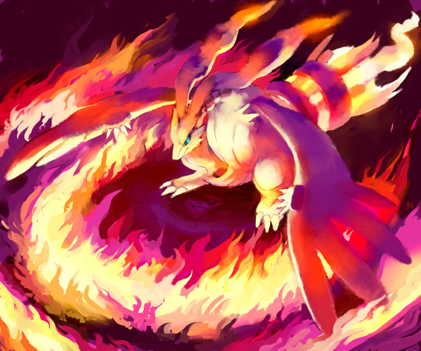 blue_eyes claws fire full_body glitchedpuppet highres looking_away looking_down no_humans pokemon pokemon_(creature) pokemon_(game) pokemon_bw reshiram solo
