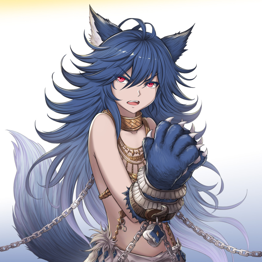 1girl animal_ears blue_hair bound bound_arms chains fenrir_(shingeki_no_bahamut) granblue_fantasy hair_between_eyes highres jewelry lock long_hair looking_at_viewer necklace open_mouth padlock paws red_eyes shingeki_no_bahamut solo tail very_long_hair wolf_ears wolf_tail yuki7128