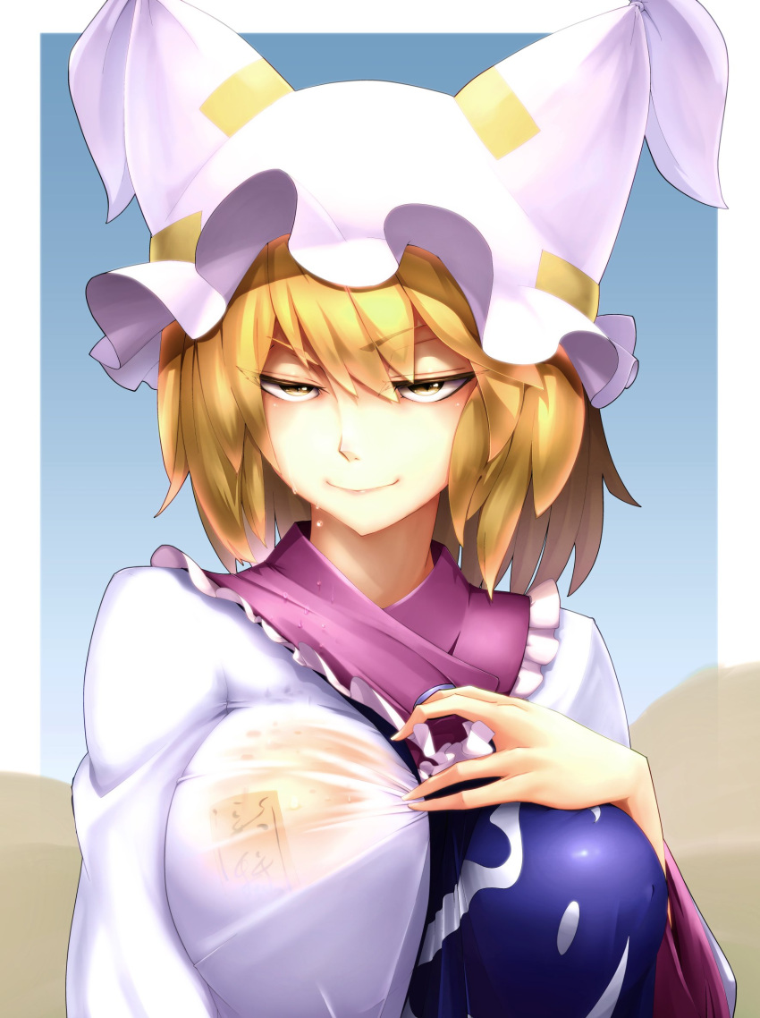 1girl blonde_hair breasts color_drain commentary_request eyebrows_visible_through_hair gradient hat highres kikoka_(mizuumi) large_breasts lips ofuda pillow_hat seductive_smile see-through short_hair smile solo square tabard touhou two-tone_background upper_body v-shaped_eyebrows water_drop wet wet_clothes wide_sleeves yakumo_ran yellow_eyes