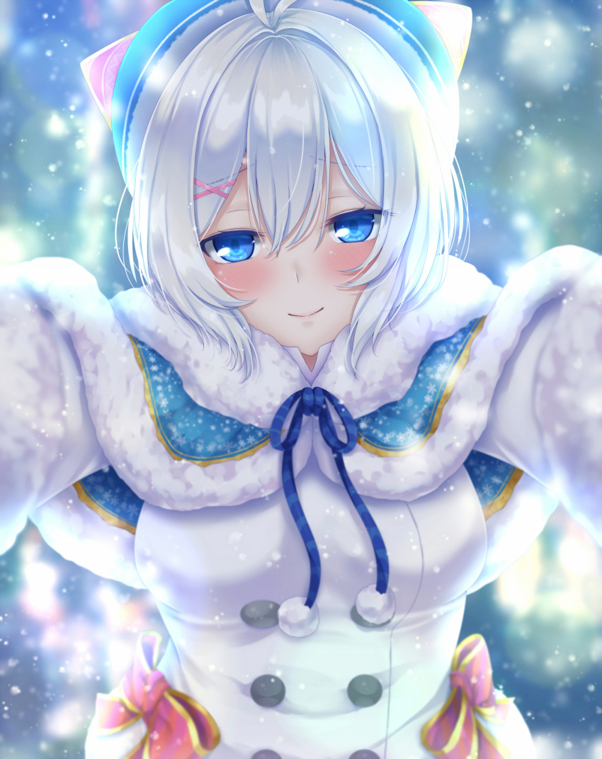 1girl animal_hat antenna_hair aru_gunsou backlighting bangs beanie blue_capelet blue_eyes blue_hat blurry blurry_foreground blush breasts closed_mouth dennou_shoujo_youtuber_shiro depth_of_field double-breasted eyebrows_visible_through_hair fur-trimmed_capelet fur_collar hair_ornament hat highres lips looking_at_viewer medium_breasts motion_blur outstretched_arms pom_pom_(clothes) ribbon shiny shiny_hair shiro_(dennou_shoujo_youtuber_shiro) silver_hair smile snowflake_print snowing solo striped striped_ribbon upper_body white_coat winter_clothes x_hair_ornament