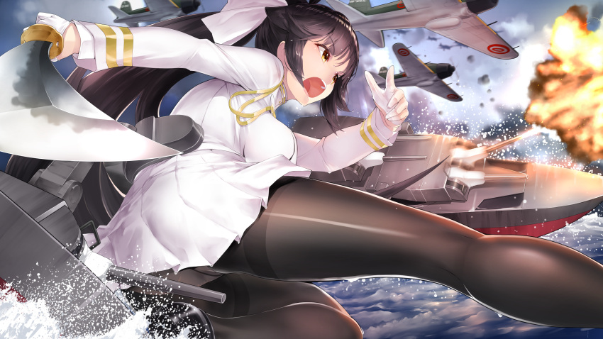 1girl absurdres ass azur_lane bangs black_footwear black_hair black_legwear blunt_bangs bow breasts cannon clouds cloudy_sky commentary_request crotch_seam day explosion eyebrows_visible_through_hair eyelashes from_behind from_side gloves hair_bow hair_flaps half_gloves hands_up highres holding holding_sword holding_weapon katana large_breasts loafers long_hair long_sleeves looking_to_the_side machinery military military_uniform miniskirt ocean open_mouth outdoors panties panties_under_pantyhose pantyhose pantyshot pantyshot_(squatting) pleated_skirt ponytail ready_to_draw ribbon rigging rin2008 scabbard sheath shiny shiny_clothes shoes skirt sky solo splashing squatting sword takao_(azur_lane) teeth thighband_pantyhose thighs tsurime turret underwear uniform unsheathed upper_teeth upskirt very_long_hair water weapon white_bow white_gloves white_panties white_ribbon white_skirt yellow_eyes