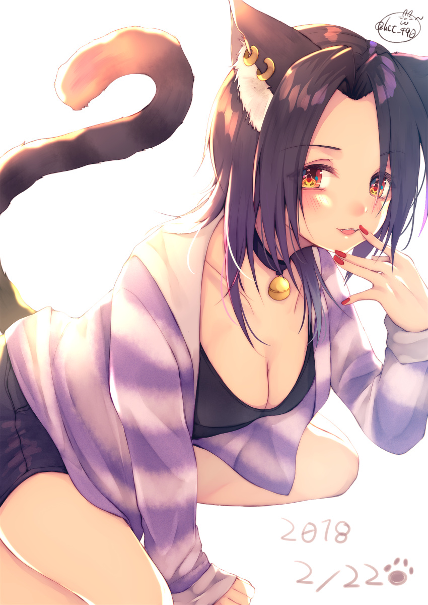 1girl :d animal_ears arm_support bangs bell black_shorts blush breasts casual cat_ears chita_(ketchup) cleavage collar collarbone dated finger_to_mouth fingernails forehead highres jacket jingle_bell kneeling leaning_forward long_sleeves looking_at_viewer medium_breasts nail_polish open_clothes open_jacket open_mouth original parted_bangs red_nails short_hair shorts simple_background smile solo striped_jacket tank_top teeth thighs twitter_username white_background yellow_eyes