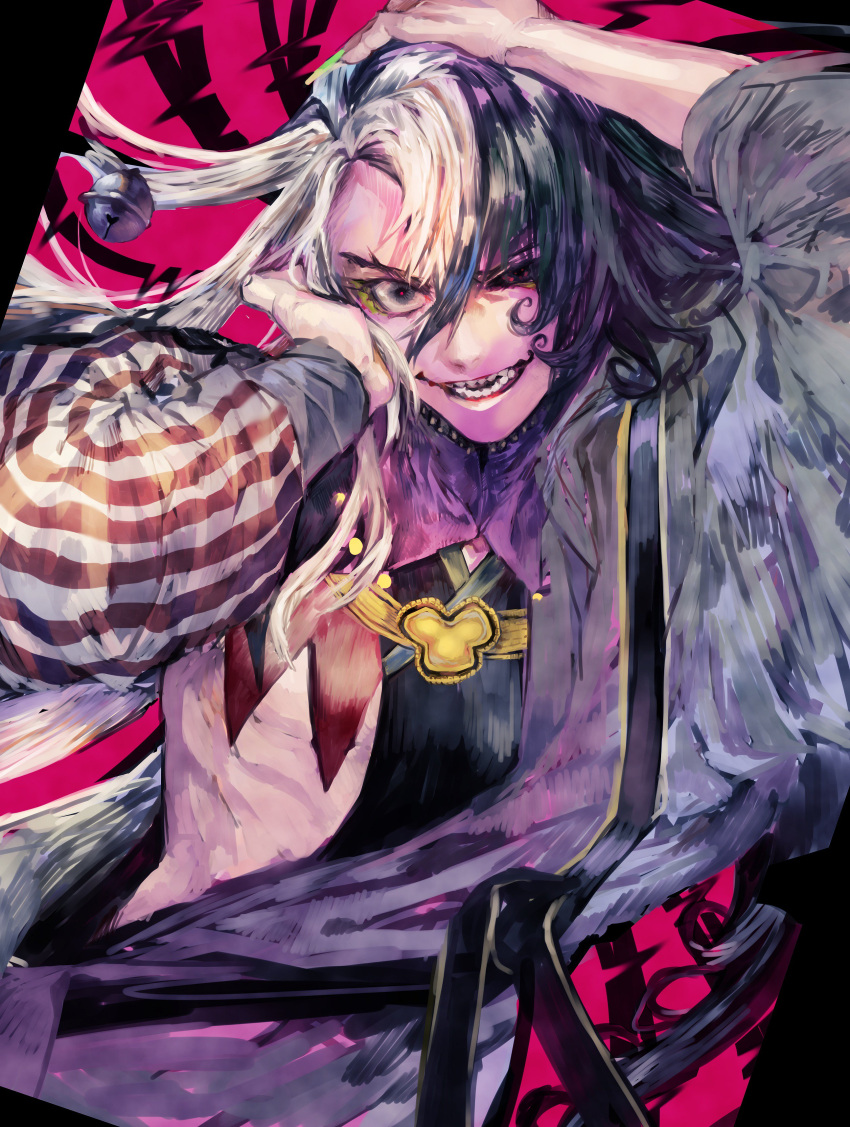 1boy absurdres ashiya_douman_(fate/grand_order) asymmetrical_clothes bell black_hair evil_smile fate/grand_order fate_(series) highres irorigumi jingle_bell long_hair looking_at_viewer male_focus multicolored_hair open_mouth pink_background simple_background smile solo striped two-tone_hair undressing white_hair