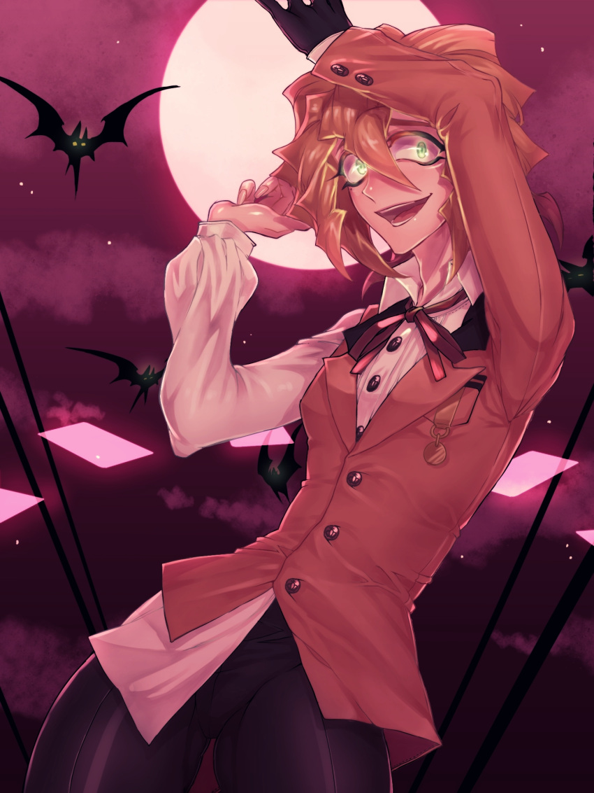 1boy bat bow bowtie card dennis_macfield gloves glowing glowing_eyes green_eyes highres male_focus moon open_mouth orange_hair single_glove solo teeth upper_body yu-gi-oh! yuu-gi-ou_arc-v