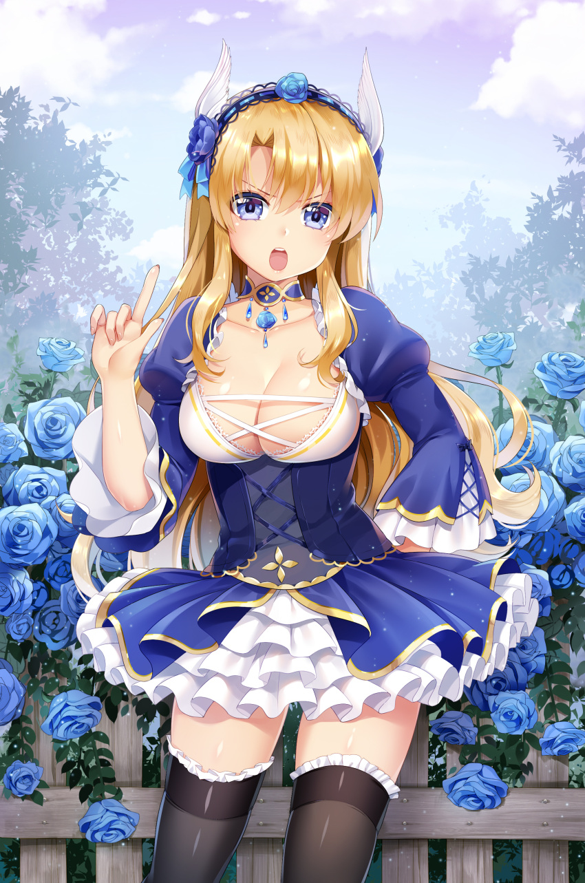 1girl absurdres black_legwear blonde_hair blue_eyes blue_flower breasts choker cleavage collarbone cowboy_shot floating_hair flower frilled_legwear hair_between_eyes hair_flower hair_ornament hand_on_hip headdress highres index_finger_raised large_breasts layered_skirt long_hair looking_at_viewer miniskirt multicolored_hair mvv open_mouth outdoors sangoku_romance shiny shiny_skin silver_hair skirt solo standing thigh-highs two-tone_hair very_long_hair white_skirt