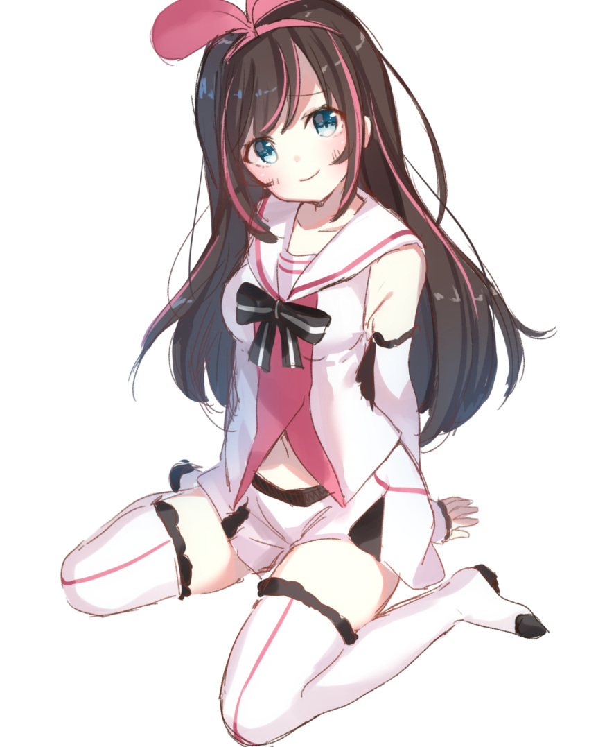 1girl a.i._channel bangs black_hair blush closed_mouth detached_sleeves eyebrows_visible_through_hair hairband highres jimmy kizuna_ai looking_at_viewer multicolored_hair pink_hair sailor_collar short_shorts shorts sidelocks simple_background sitting smile solo streaked_hair thigh-highs wariza white_background white_legwear
