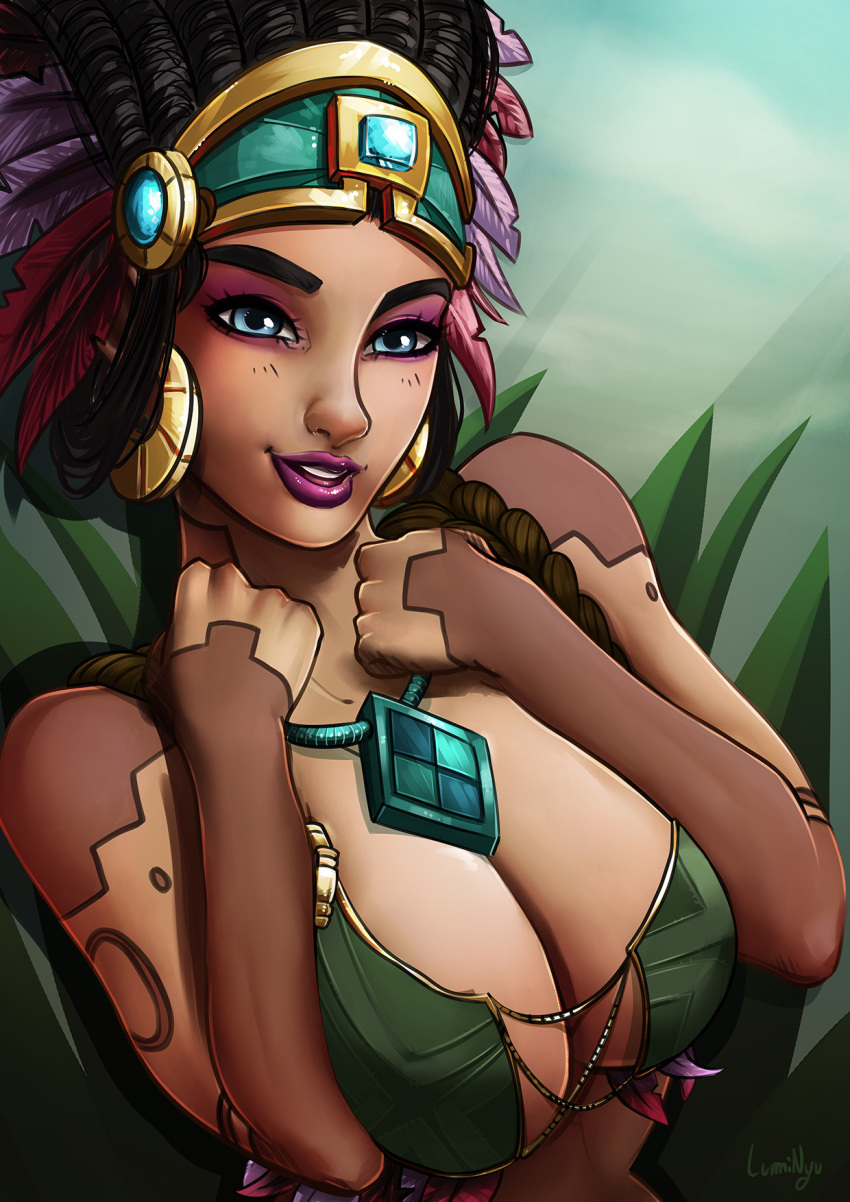 1girl 2018 amulet awilix black_hair blue_eyes breasts cleavage eyes goddess hair hair_ornament headdress highres jewelry large_breasts lipstick long_hair looking_at_viewer luminyu makeup necklace pinup purple_lipstick smile smite solo tattoo