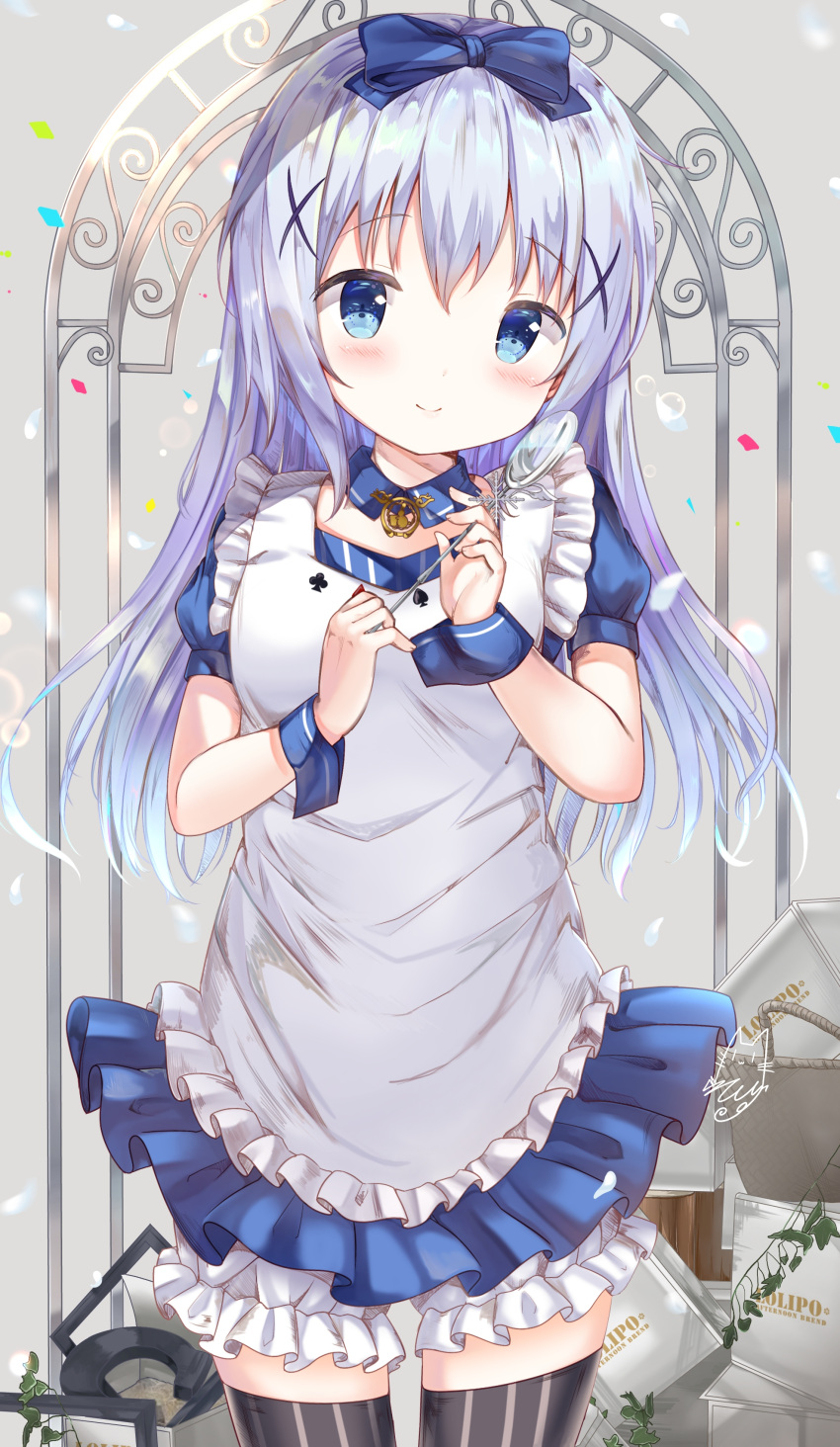 1girl absurdres apron black_legwear blue_bow blue_eyes blue_shirt blue_skirt blush bow choker cowboy_shot eyebrows_visible_through_hair frilled_apron frilled_shorts frills gochuumon_wa_usagi_desu_ka? hair_bow highres kafuu_chino long_hair looking_at_viewer miniskirt pleated_skirt ruriruno shirt short_shorts short_sleeves shorts shorts_under_skirt silver_hair skirt smile solo standing striped striped_legwear thigh-highs vertical-striped_legwear vertical_stripes very_long_hair white_apron white_shorts wrist_cuffs