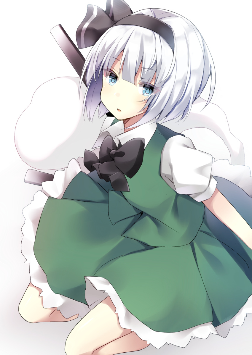 1girl black_bow blue_eyes bow green_skirt green_vest hair_ribbon highres kneeling komomo_(ptkrx) konpaku_youmu konpaku_youmu_(ghost) looking_at_viewer parted_lips puffy_short_sleeves puffy_sleeves ribbon scabbard sheath short_hair short_sleeves silver_hair simple_background skirt skirt_set solo touhou vest white_background