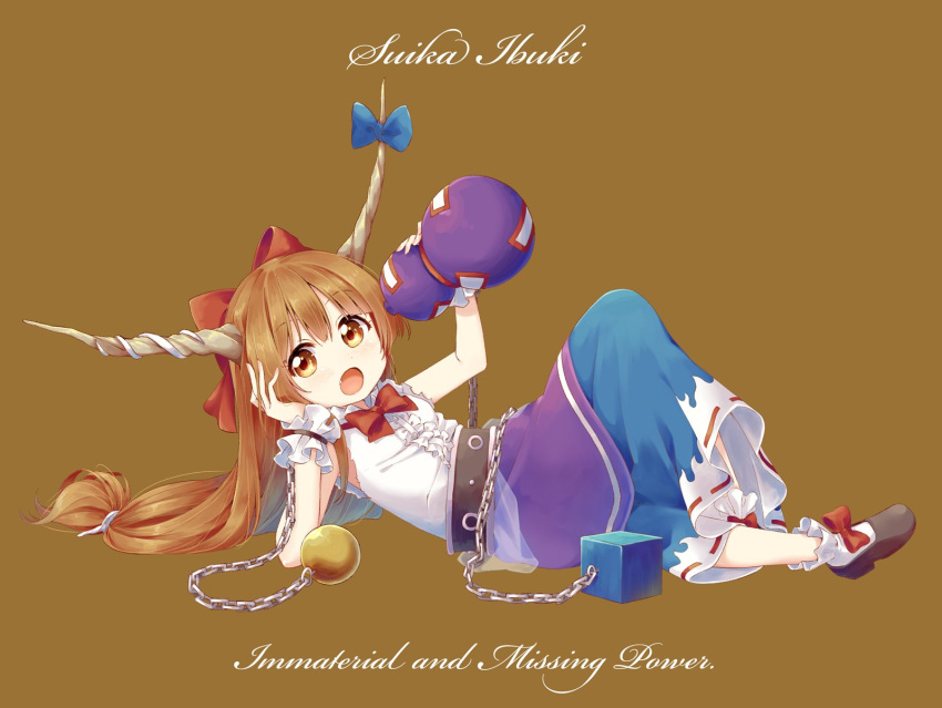 1girl arm_up bangs black_footwear blue_ribbon blush bow bowtie brown_background brown_eyes brown_hair chains character_name copyright_name cube english eyebrows_visible_through_hair fang full_body gourd hair_bow head_rest highres horn_ribbon horns ibuki_suika immaterial_and_missing_power ksk_(semicha_keisuke) layered_skirt long_hair low-tied_long_hair lying multicolored multicolored_clothes multicolored_skirt oni open_mouth orange_hair purple_skirt red_bow red_neckwear ribbon ribbon-trimmed_skirt ribbon_trim shirt shoes simple_background skirt sleeveless sleeveless_shirt socks solo sphere touhou white_legwear white_shirt wrist_cuffs yellow_eyes