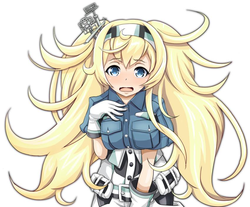 1girl blonde_hair blue_eyes breast_pocket breasts gambier_bay_(kantai_collection) gloves hair_between_eyes hairband kantai_collection large_breasts long_hair open_mouth pocket simple_background solo tearing_up tk8d32 twintails upper_body white_background white_gloves