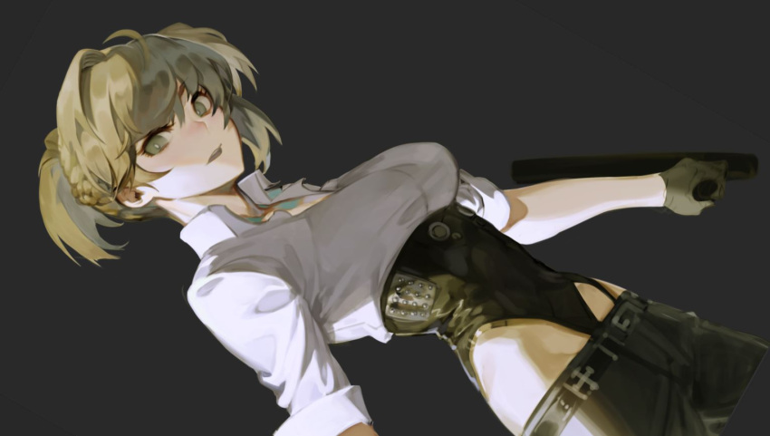 1girl ahoge bangs belt black_background black_gloves blonde_hair braid breasts collared_shirt commentary corset dutch_angle girls_frontline gloves grey_eyes half_updo looking_at_viewer medium_breasts olys open_mouth pants shirt sleeves_rolled_up solo twintails welrod_mk2_(girls_frontline) wing_collar