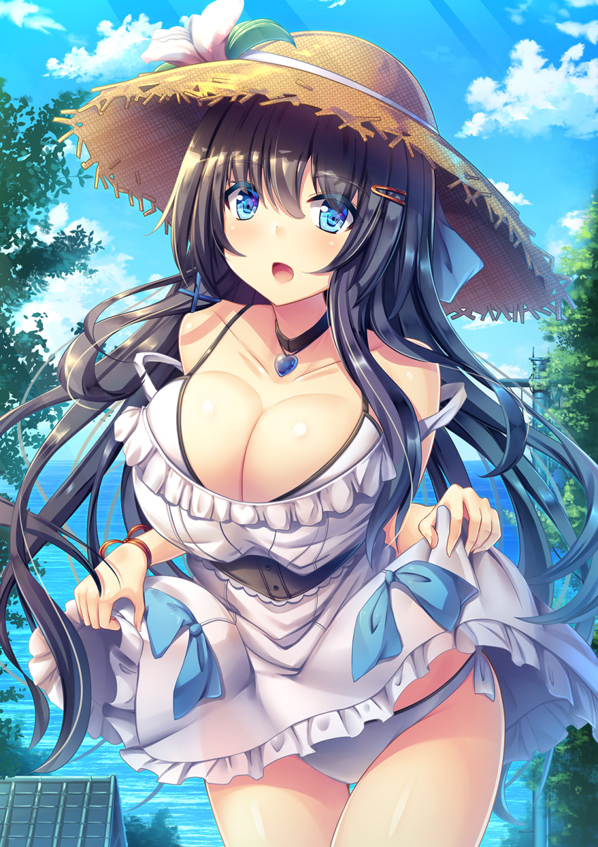 1girl bare_shoulders blue_eyes blue_sky blush breasts cleavage clouds collarbone commentary_request day eyebrows_visible_through_hair flower hair_between_eyes highres jewelry large_breasts liya long_hair looking_at_viewer moe2018 necklace original outdoors sky solo swimsuit