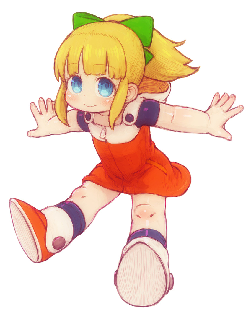 1girl bangs blonde_hair blue_eyes blunt_bangs blush bow capcom child eyebrows_visible_through_hair feral_lemma fringe full_body hair_bow hair_ornament high_ponytail highres hood hoodie hoodie_dress outstretched_arms ponytail rockman rockman_(classic) rockman_11 roll shoes sidelocks simple_background smile solo white_background