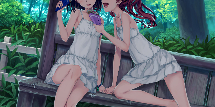 2girls 54cr barefoot bench black_hair brown_hair crepe day dress food hand_holding head_out_of_frame highres long_hair moe2018 multiple_girls open_mouth original plant scenery shade tree white_dress wristband yuri