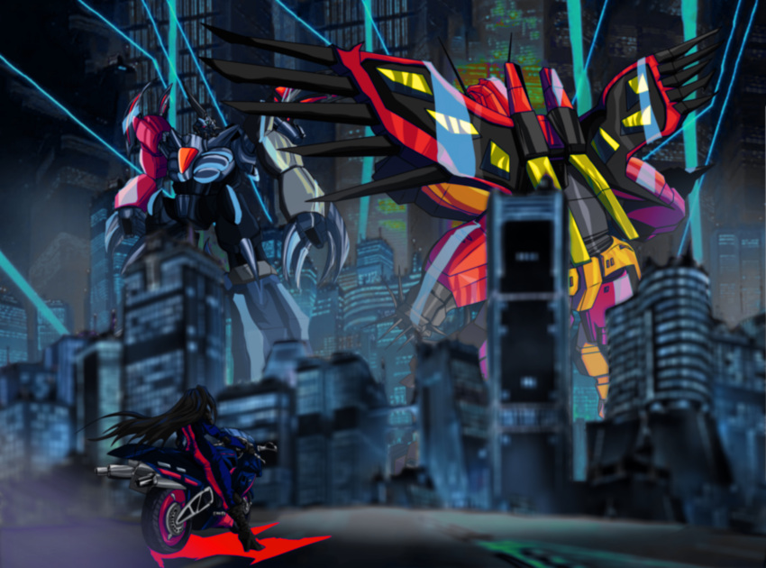 1girl 2boys 80s absurdres black_hair bodysuit character_request city commentary crossover cutie_honey decepticon ground_vehicle highres jacket long_hair machine_robo mechanical_wings motor_vehicle motorcycle multiple_boys multiple_crossover night oldschool outdoors predaking standing town transformers wings zakman-wahid