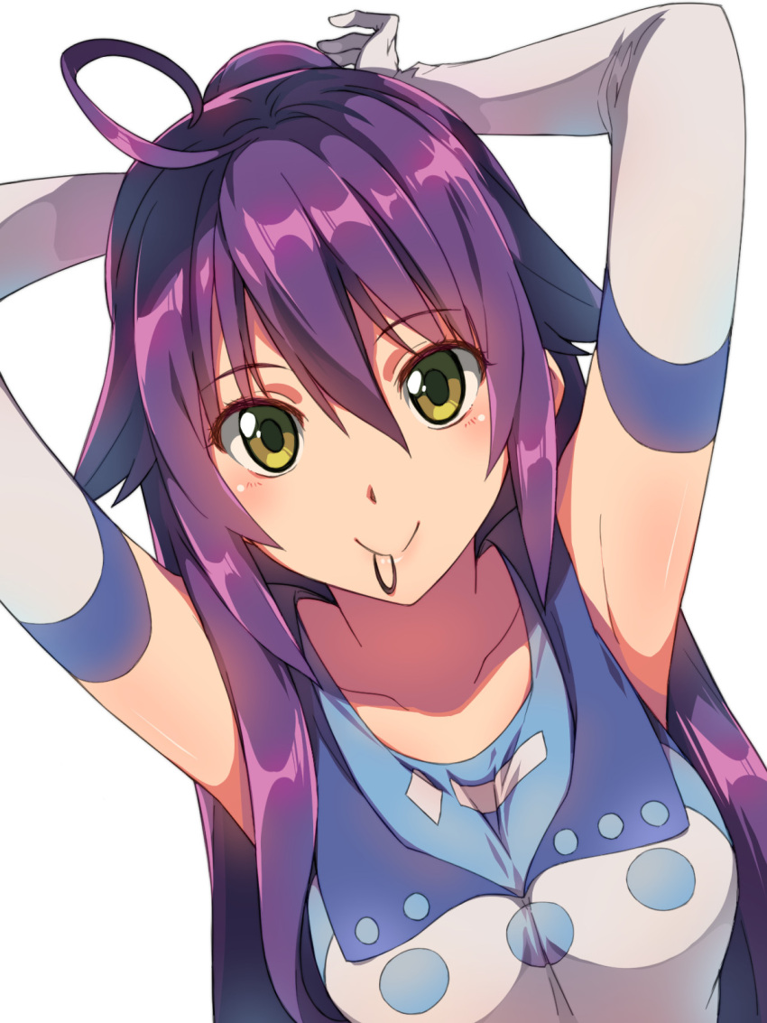 1girl animal_ears arms_up bangs blush breasts chiharu_(9654784) closed_mouth collarbone dutch_angle elbow_gloves eyebrows_visible_through_hair flipped_hair gloves green_eyes hair_between_eyes highres lips long_hair looking_at_viewer medium_breasts mouth_hold original ponytail shiny shiny_hair sleeveless smile solo tank_top tareme very_long_hair white_gloves