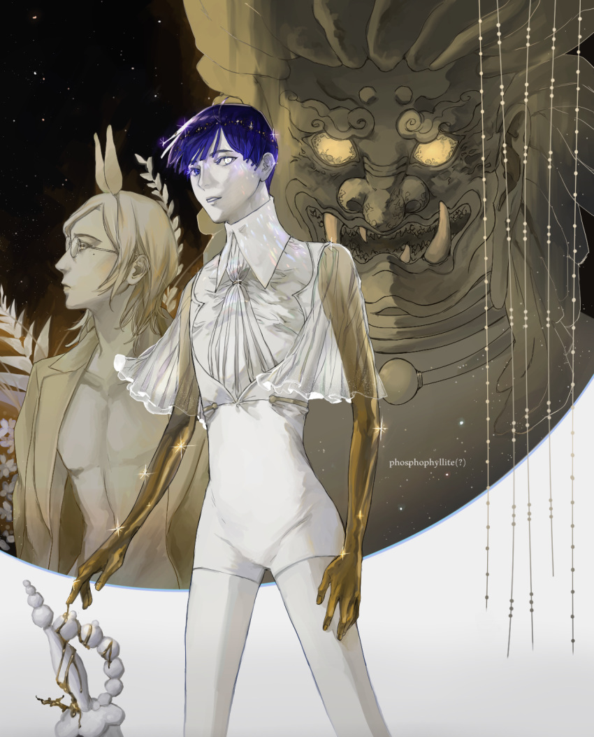 1boy aechmea_(houseki_no_kuni) androgynous bangs blonde_hair blue_eyes blue_hair blunt_bangs glasses golden_arms heterochromia highres houseki_no_kuni looking_at_viewer mole mole_under_eye nude open_clothes phosphophyllite phosphophyllite_(ll) see-through short_hair shorts sparkle spoilers sword weapon white_eyes yellow_eyes yume_(ymym_62)