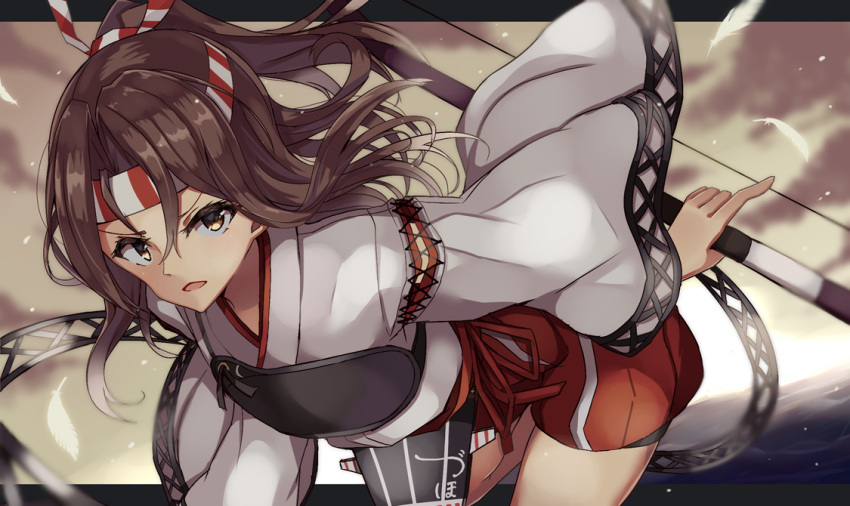 1girl archery battle bow_(weapon) brown_eyes brown_hair gloves grey_hair hachimaki headband high_ponytail japanese_clothes kantai_collection kyuudou light_brown_hair long_hair long_sleeves muneate natsu_narumi open_mouth partly_fingerless_gloves ponytail remodel_(kantai_collection) smoke solo weapon wide_sleeves yugake zuihou_(kantai_collection) zuikaku_(kantai_collection)