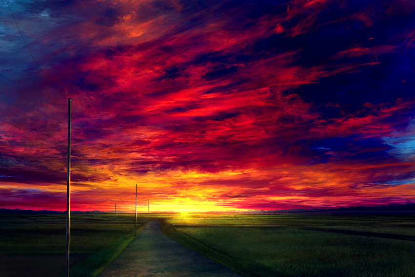 commentary_request field grass highres mks multicolored multicolored_sky no_humans original outdoors power_lines red_sky road scenery sky sun sunset telephone_pole