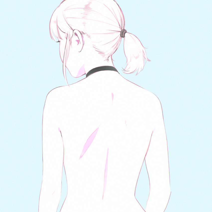1girl back black_choker blue_background choker commentary_request facing_away from_behind ilya_kuvshinov nude original ponytail short_hair simple_background solo upper_body