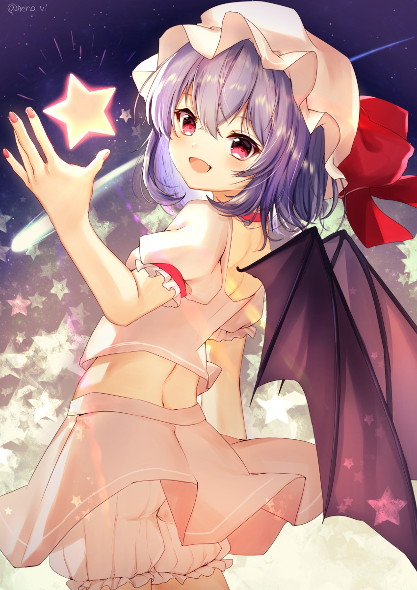 1girl absurdres artist_name bat_wings bloomers blue_hair blush comet commentary_request cowboy_shot crop_top from_behind hat hat_ribbon highres midriff mob_cap nail_polish neno_(nenorium) night night_sky open_mouth pink_shirt pink_skirt puffy_short_sleeves puffy_sleeves red_eyes red_nails red_ribbon remilia_scarlet ribbon shirt short_hair short_sleeves skirt sky smile solo standing star star_(sky) starry_sky touhou twitter_username underwear white_bloomers wings