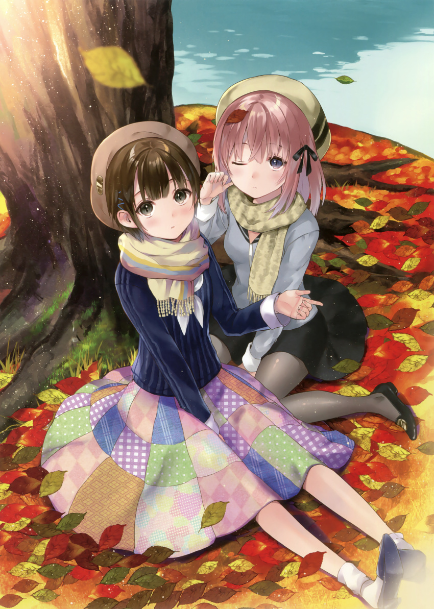 2girls absurdres autumn_leaves between_legs black_eyes black_ribbon black_skirt blue_shirt brown_hair brown_hat day from_above fukahire_sanba grey_legwear hair_ribbon hand_between_legs hat highres leaf leaf_on_head long_hair looking_at_viewer miniskirt multicolored multicolored_clothes multicolored_skirt multiple_girls one_eye_closed original outdoors pantyhose pink_hair ribbon scarf shirt short_hair sitting skirt socks tree white_legwear yellow_scarf