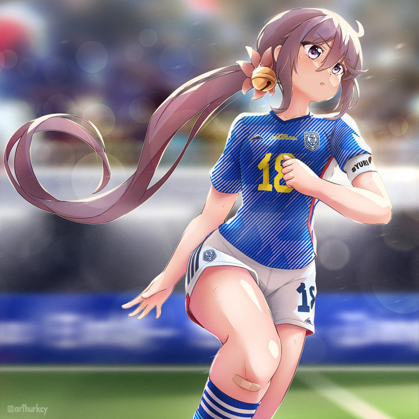 1girl 2022_fifa_world_cup akebono_(kancolle) alternate_costume arthur_ko bell blue_shirt blurry blurry_background depth_of_field feet_out_of_frame flower hair_bell hair_flower hair_ornament highres jingle_bell kantai_collection long_hair purple_hair running shirt shorts side_ponytail soccer_uniform solo sportswear twitter_username very_long_hair violet_eyes white_shorts world_cup