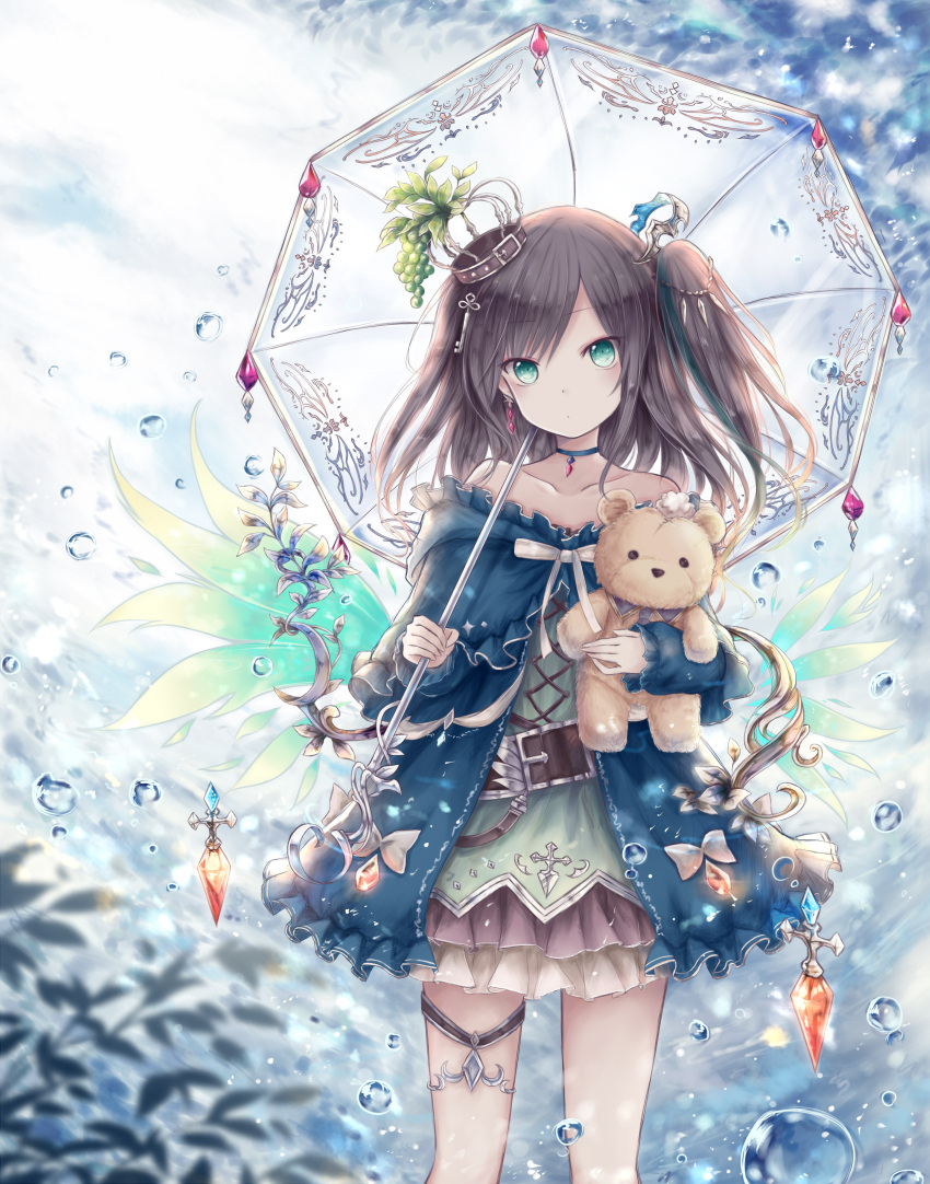 1girl absurdres artist_request belt black_hair character_request collar collarbone commentary_request crown eyebrows_visible_through_hair green_eyes highres holding holding_umbrella object_hug off_shoulder shingeki_no_bahamut side_ponytail stuffed_animal stuffed_toy teddy_bear umbrella