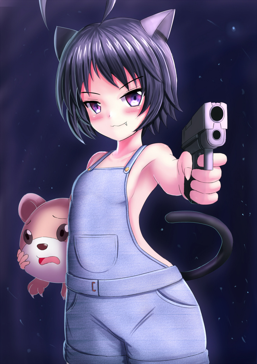1girl :3 ahoge animal_ears arlly_radithia armpits bangs black_hair blush breasts cat_ears cat_girl cat_tail closed_mouth collarbone commentary_request eyebrows_visible_through_hair fang fang_out fingernails gun handgun highres holding holding_gun holding_weapon looking_at_viewer naked_overalls original outstretched_arm overalls pistol short_hair small_breasts solo tail tsurime violet_eyes weapon