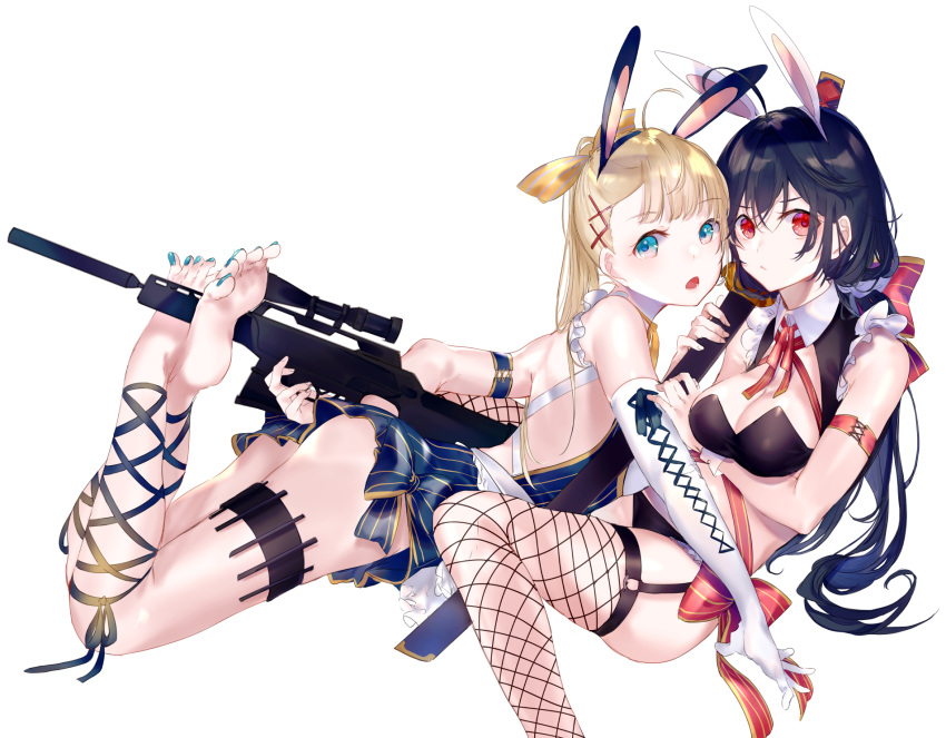 2girls animal_ears ass backless_outfit bangs between_legs black_bra black_panties black_vs_white blonde_hair blue_eyes blue_nails blush bow bra breasts bunnysuit closed_mouth elbow_gloves eyebrows_visible_through_hair fishnets frills garter_straps gloves gun hair_bow hair_ornament highres katana long_hair looking_at_viewer lying medium_breasts miwano_ragu multiple_girls nail_polish on_back on_stomach open_mouth original panties rabbit_ears red_bow red_eyes rifle sheath sheathed sidelocks simple_background sniper_rifle sword thigh-highs toenail_polish underwear weapon white_background white_gloves wrist_cuffs x_hair_ornament yellow_bow