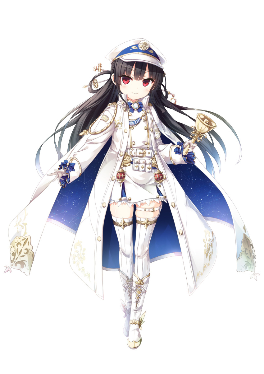 1girl absurdres bangs belt_buckle black_hair blue_bow blush boots bow buckle cape closed_mouth coat commentary_request constellation_print cross-laced_footwear cura eyebrows_visible_through_hair gloves hachiroku_(maitetsu) hair_ornament handbell hat highres holding holding_bell jacket knee_boots lace-up_boots long_hair long_sleeves looking_at_viewer maitetsu open_clothes open_coat peaked_cap pleated_skirt red_eyes simple_background skirt sleeves_past_wrists smile solo standing thigh-highs thighhighs_under_boots v-shaped_eyebrows very_long_hair white_background white_belt white_cape white_coat white_footwear white_gloves white_hat white_jacket white_legwear white_skirt