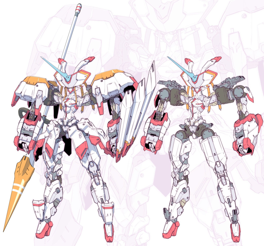 commentary_request darling_in_the_franxx full_body highres horn humanoid_robot lance mecha no_humans polearm standing strelizia sukekiyo56 weapon white_background yellow_eyes zoom_layer