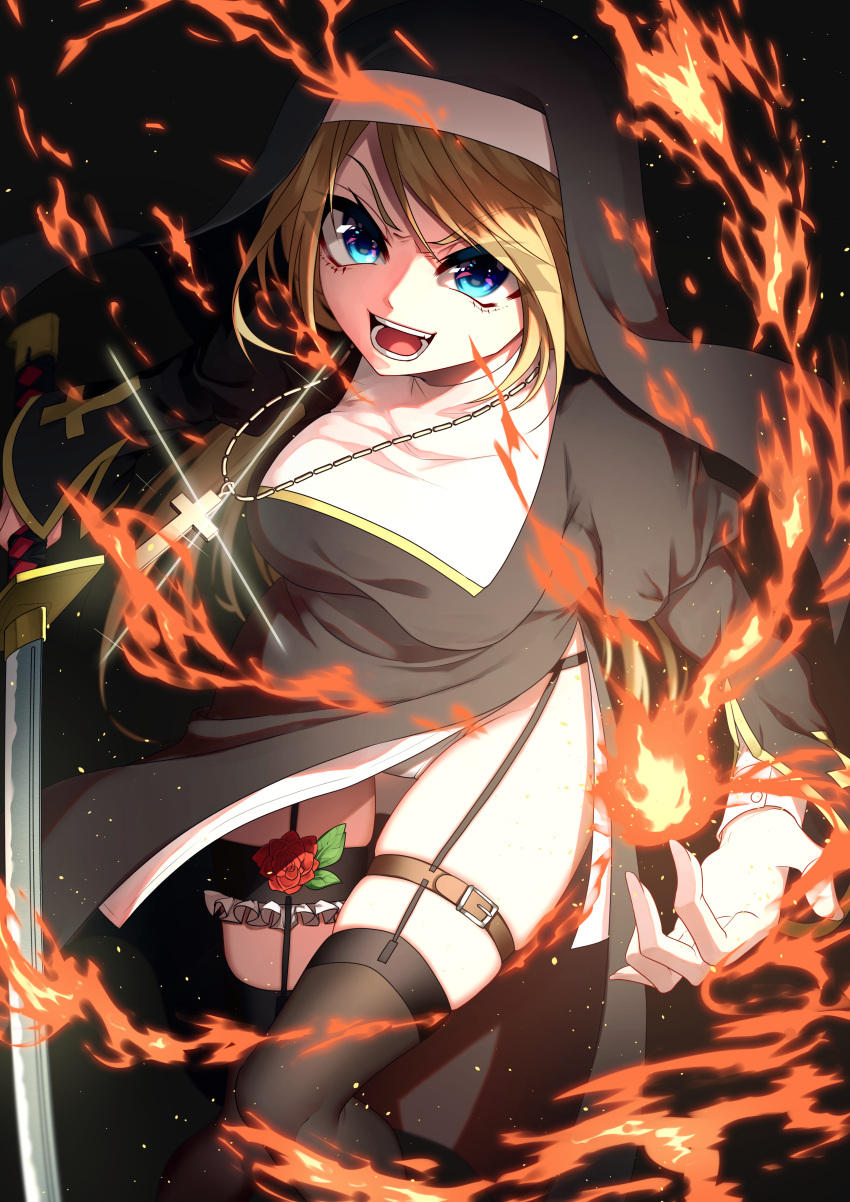 &gt;:d 1girl absurdres black_legwear blonde_hair blue_eyes cross cross_necklace eyebrows_visible_through_hair fire flower forute_na garter_belt habit highres holding holding_sword holding_weapon jewelry long_hair long_sleeves magic necklace nun original panties pantyshot red_flower red_rose rose skindentation solo sword thigh-highs thigh_strap underwear very_long_hair weapon white_panties