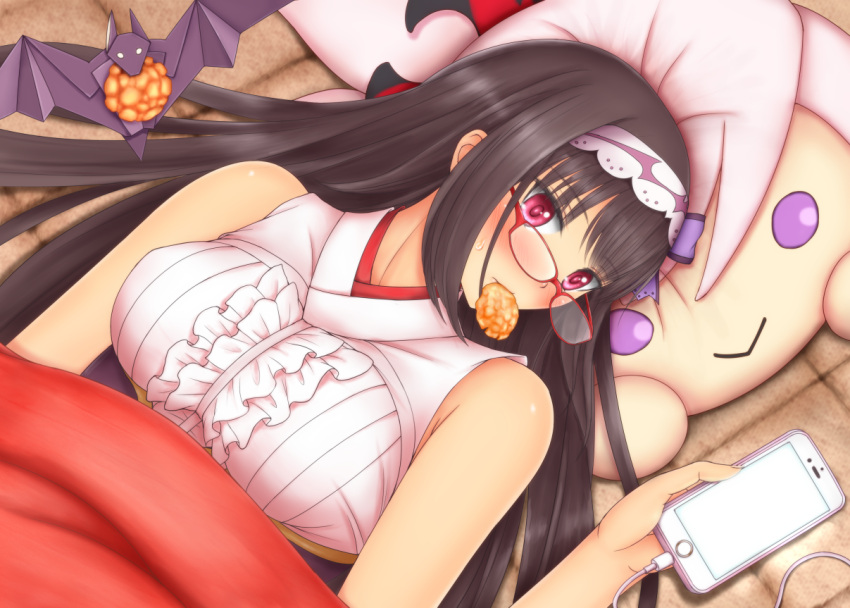 1girl bat black_hair blush breasts cellphone character_pillow fate/grand_order fate_(series) food hairband hozenkakari kotatsu large_breasts long_hair looking_at_viewer lying miyamoto_musashi_(fate/grand_order) mouth_hold on_back on_floor origami osakabe-hime_(fate/grand_order) phone red-framed_eyewear smartphone solo sweatdrop table violet_eyes