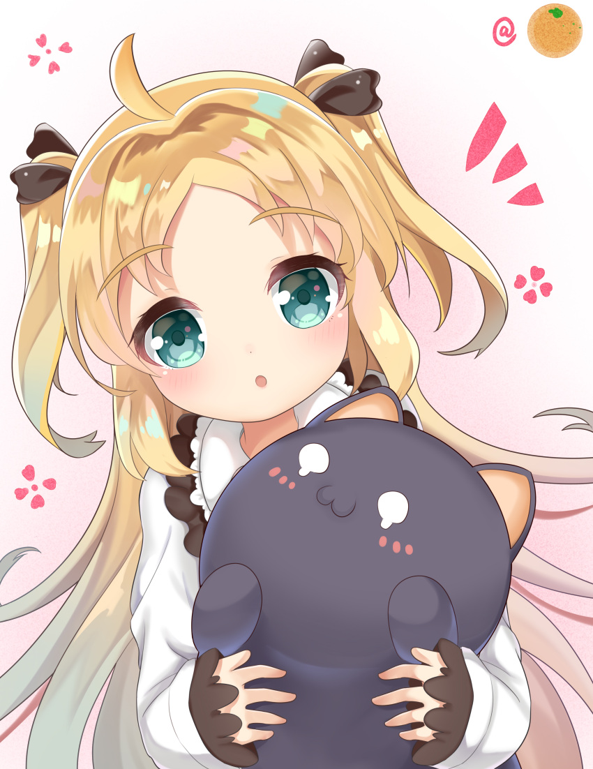 1girl :o absurdres aqua_eyes bangs black_bow blonde_hair blush bow charlotte_izoard commentary_request dress dutch_angle eyebrows_visible_through_hair gradient gradient_background hair_bow highres holding holding_stuffed_animal ju_(a793391187) long_hair long_sleeves looking_at_viewer parted_lips pink_background ryuuou_no_oshigoto! sleeves_past_wrists solo stuffed_animal stuffed_cat stuffed_toy two_side_up very_long_hair white_background white_dress