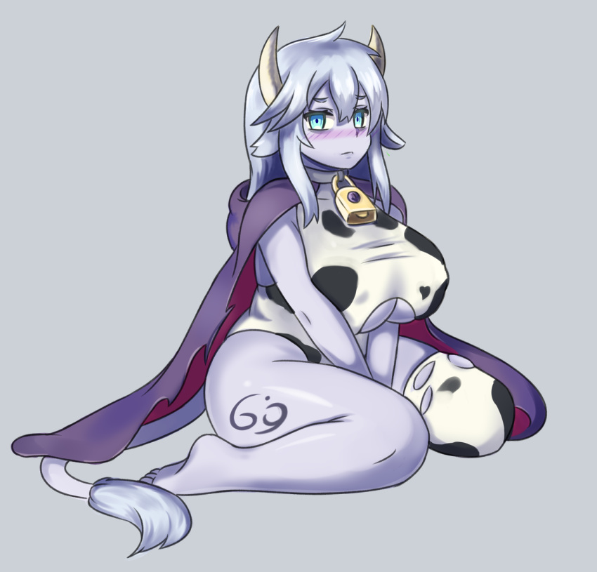 1girl animal_ears animal_print bare_legs barefoot bell bell_collar between_legs blue_eyes blush breasts cape collar commentary cow_bell cow_ears cow_horns cow_print cow_tail full_body fusion grey_background hair_between_eyes hand_between_legs highres holstaurus hood hood_down horns huge_breasts lich_(monster_girl_encyclopedia) long_hair looking_at_viewer monster_girl_encyclopedia nav print_legwear purple_skin silver_hair simple_background single_thighhigh sitting solo tail tattoo thigh-highs under_boob underboob_cutout