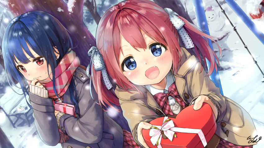 2girls :d absurdres bangs blue_eyes blue_hair blush bow bowtie box brown_coat closed_mouth coat collared_shirt commentary_request day dutch_angle enpera eyebrows_visible_through_hair fang fingernails gift gift_box grey_coat hair_bow hands_up heart-shaped_box highres holding holding_gift long_hair looking_at_viewer multiple_girls open_clothes open_coat open_mouth original outdoors pink_scarf plaid plaid_neckwear plaid_scarf pomu red_eyes red_neckwear redhead scarf shirt signature smile snow snow_bunny snowing snowman sweatdrop sweater_vest swing_set tree twintails valentine wavy_mouth white_bow white_shirt