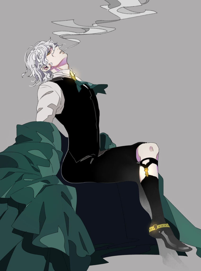 1boy ascot black_footwear black_legwear black_vest character_request cigarette coat collared_shirt commentary_request fate/grand_order fate_(series) from_side full_body green_coat green_neckwear grey_background highres invisible_chair legs_crossed mouth_hold off_shoulder shirt shoes silver_hair simple_background sitting smoke smoking socks solo vest white_shirt wing_collar yellow_eyes yosi135