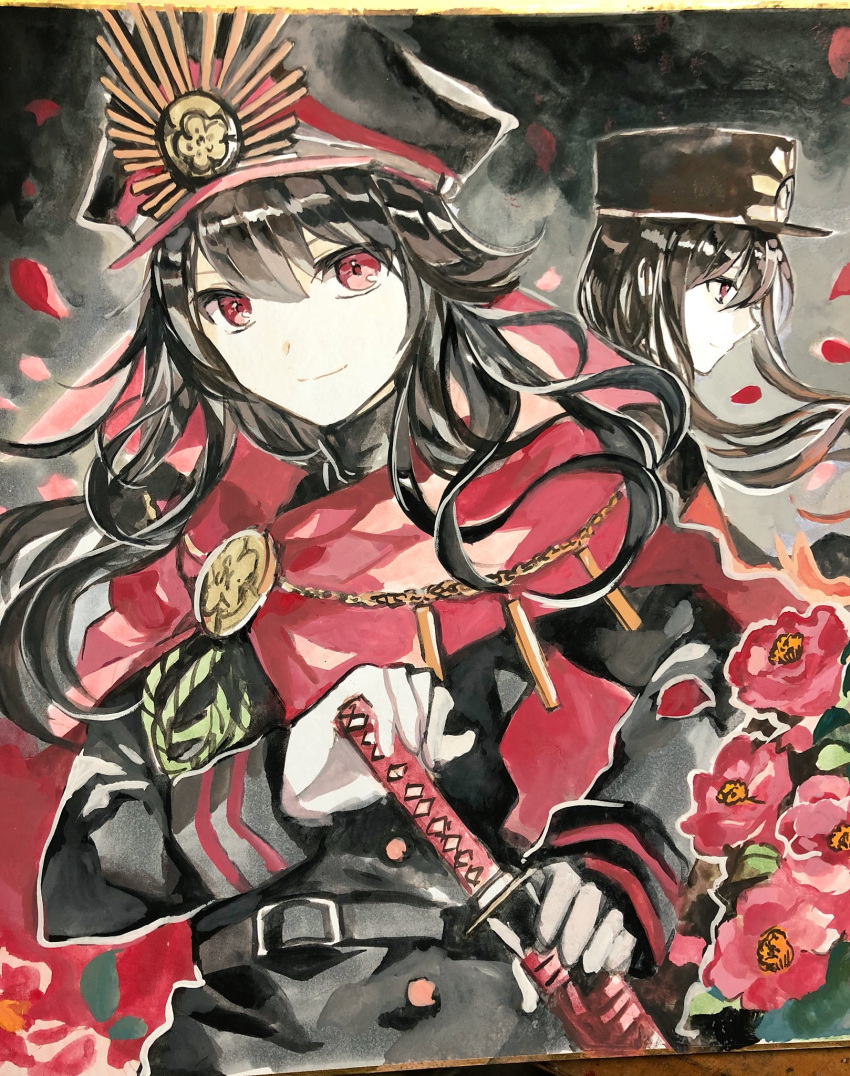 1boy 1girl belt black_hair black_jacket brother_and_sister cape closed_mouth commentary_request fate/grand_order fate_(series) flower gloves hair_between_eyes hat highres holding jacket katana long_hair long_sleeves looking_at_viewer oda_nobukatsu_(fate/grand_order) oda_nobunaga_(fate) peaked_cap profile red_cape red_eyes red_flower red_rose rioka_(southern_blue_sky) rose scabbard sheath sheathed siblings smile standing sword traditional_media weapon white_gloves