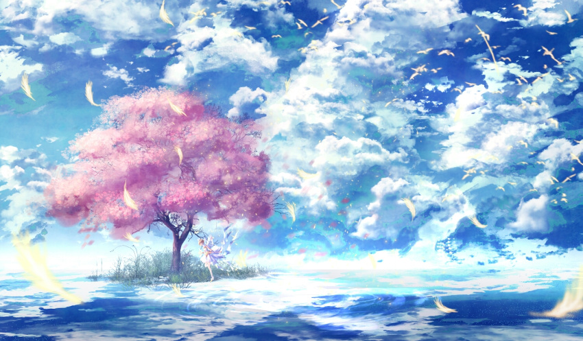 1girl bird blue_sky brown_hair card_captor_sakura clouds crown day dress flower full_body kinomoto_sakura magical_girl outdoors pink_flower scenery short_hair sky solo tree water white_dress white_feathers yingsu_jiang