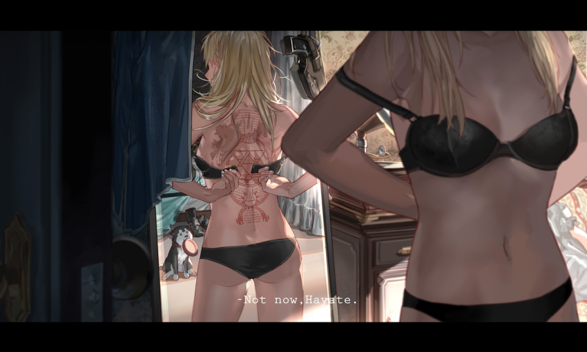 1girl adjusting_bra adjusting_clothes back_tattoo black_bra black_hayate black_panties blonde_hair bowl bra breasts burn_mark dog fullmetal_alchemist head_out_of_frame holy_pumpkin medium_breasts mirror navel off_shoulder panties pet_bowl reflection riza_hawkeye solo subtitled tattoo underwear